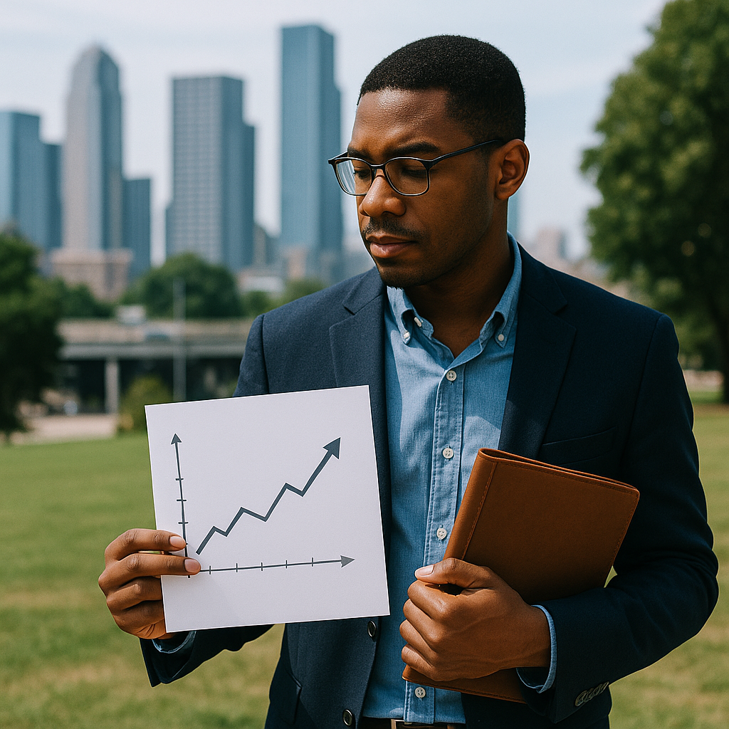 Man in business attire holding a portfolio and an upward-trending graph in front of a city skyline.