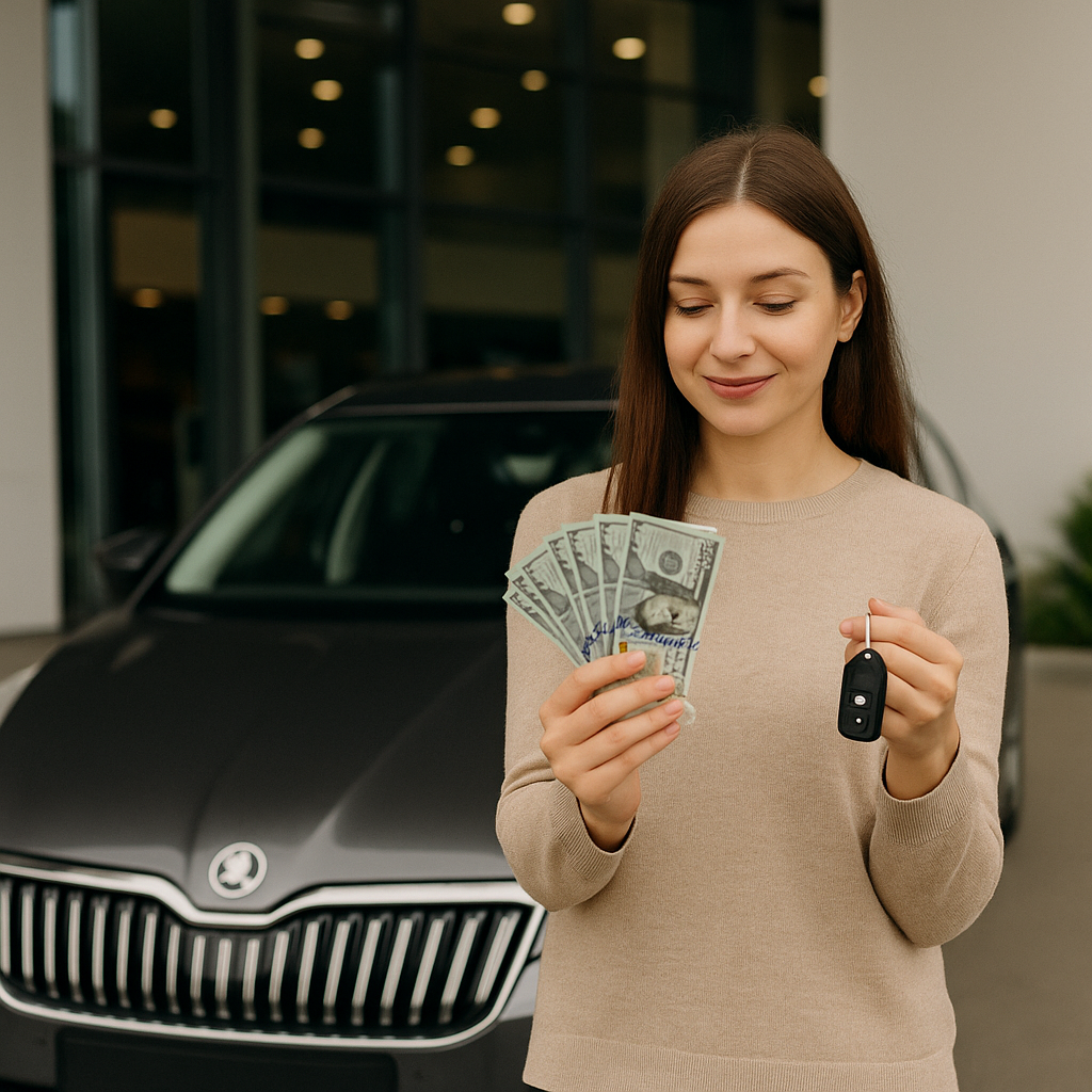 Woman holding car keys and a fan of hundred-dollar bills while standing in front of a luxury car at a dealership.