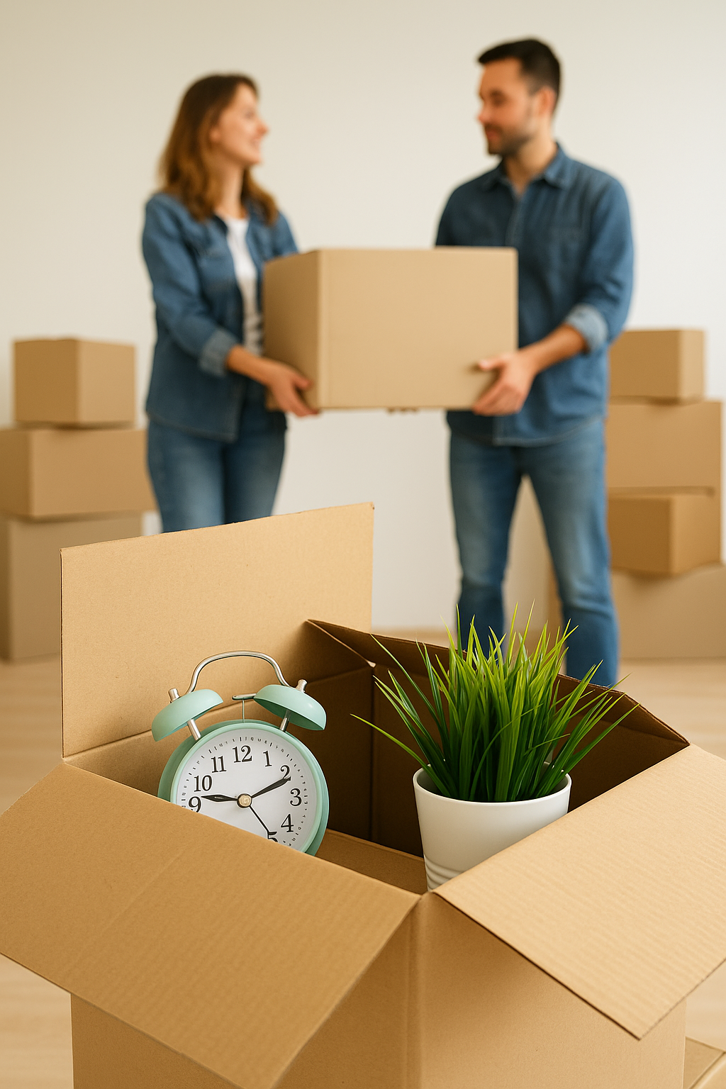 Couple packing cardboard boxes, with a plant and clock visible in the foreground during a moving day.