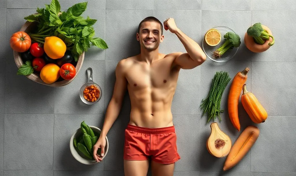 A man with a healthy body surrounded by healthy foods