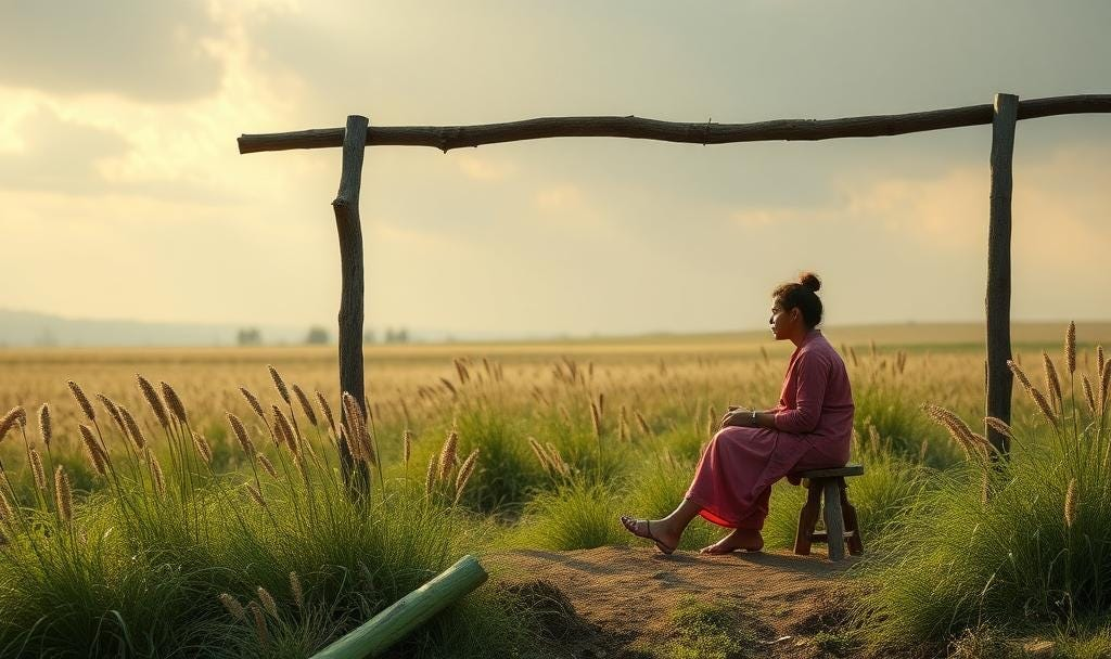 Image of woman sitting on a stool in a grassland