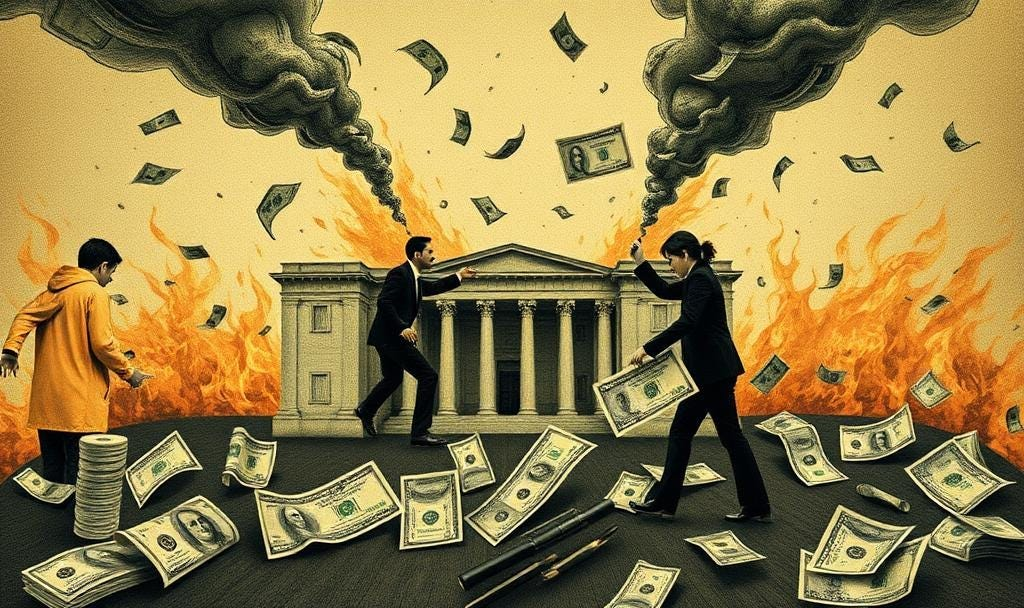 an image of a building and people destroying money