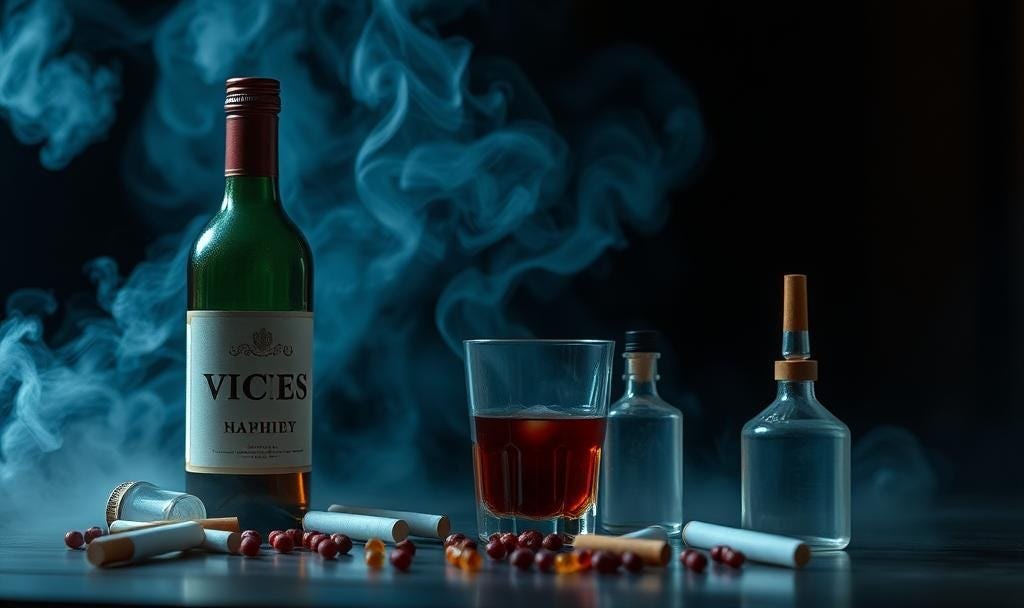 An image of vices: alcohol drugs cigarettes