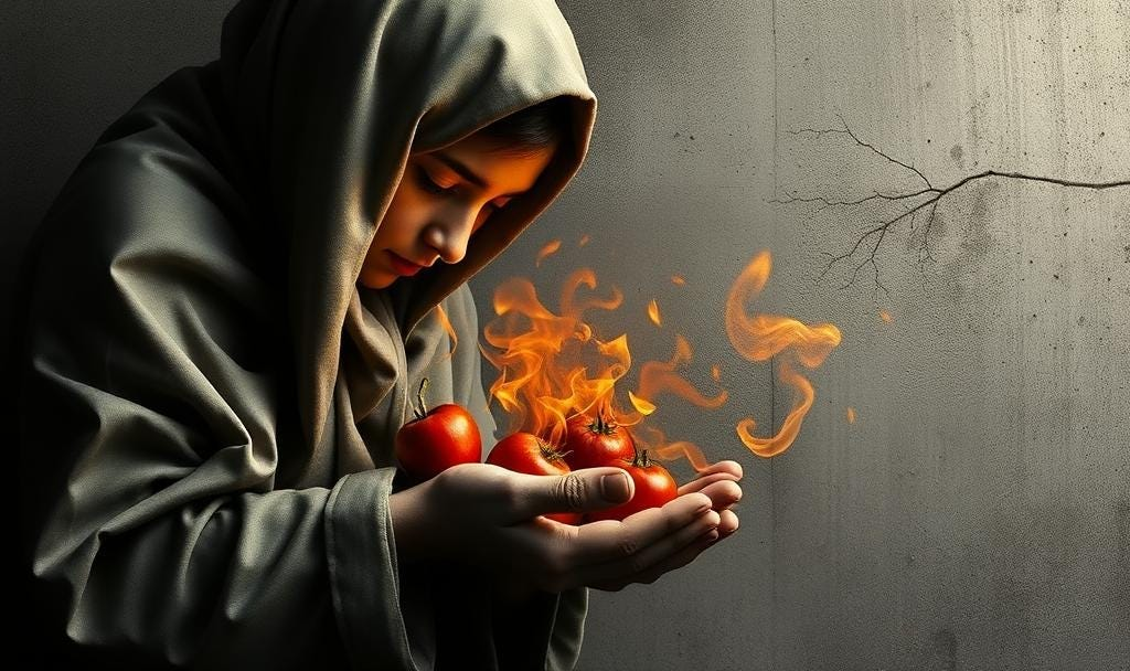 an image of a person in a cape blowing fire on apples