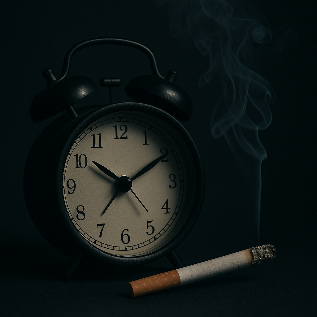 An image of a cigarette and a clock